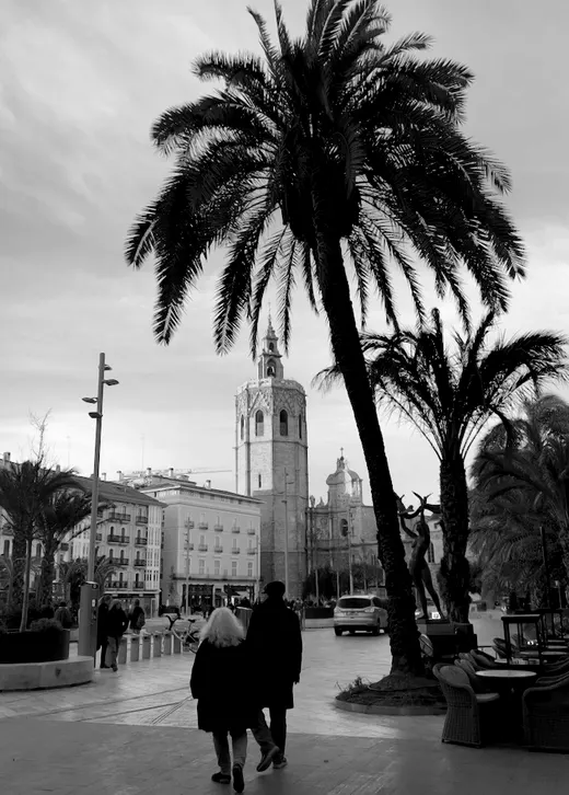 Plaza de la Reina in Valencia, with the Micalet bell tower in the background